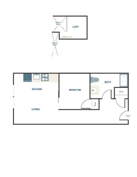 Floor plan for 1 bed, 1 bath, 432 sqft